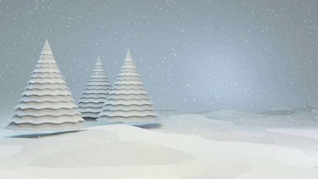 3D rendering white Christmas tree with snow falling animation background 