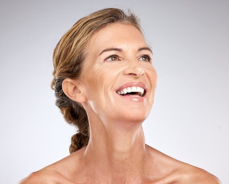 Skincare, beauty and face of happy senior woman thinking about dermatology, facial botox or cosmetics against mockup studio background. Face, antiaging and wellness of female with self love mindset