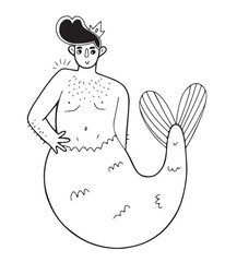 Cute and funny hand drawn chubby merman with hair on chest and hands, wearing a crown. Isolated vector illustration in doodle style