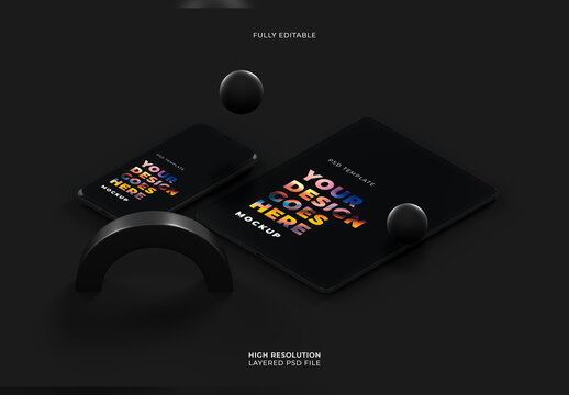 Floating Isometric Black Smartphone Mockup with Geometry Objects