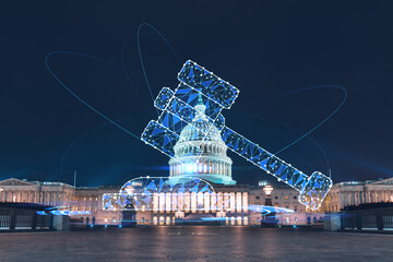 Front view, Capitol dome building at night, Washington DC, USA. Illuminated Home of Congress and Capitol Hill. Glowing hologram legal icons. The concept of law, order, regulations and digital justice