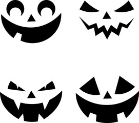 Set of Halloween pumpkin smile faces. Spooky, scary Jack O Lantern smile. Silhouette icons set for Halloween. Isolated on white background. Vector illustration.