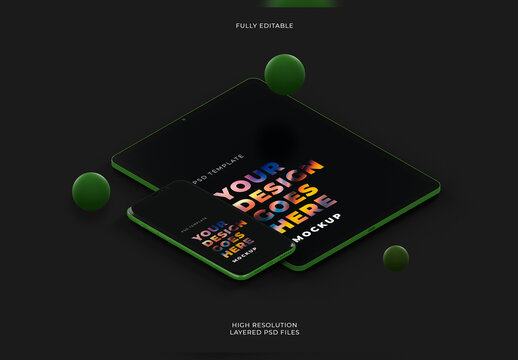 Isometric View of Black Smartphone and Tablet with Floating Objects Mockup