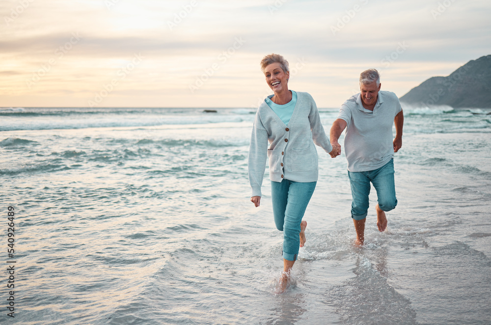 Sticker Beach, walking and senior couple holding hands for support, love and care with outdoor wellness, retirement and holiday lifestyle with sunset sky. Elderly people running together in sea ocean water