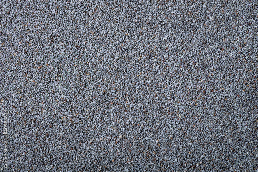 Poster Background of dark poppy seed. Top down shot of poppy seed on the table