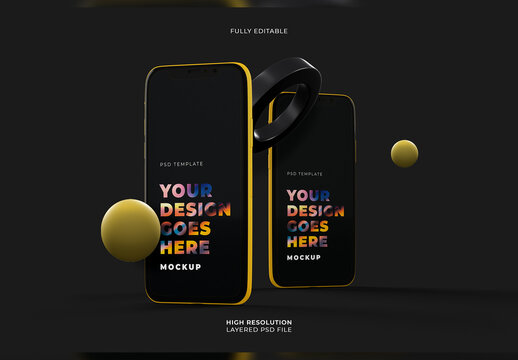Two Vertical Smartphone Mockups with Floating 3D Shapes on Dark Background