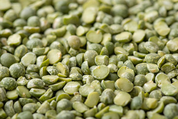 Macro shot of green pea broken in half. Cooking with green pea