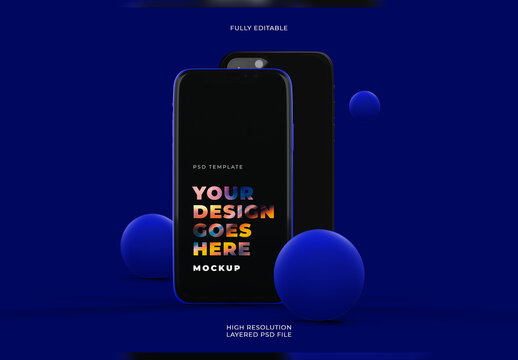 Vertical Front Black Smartphone Mockup with Dark Blue Background