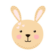 Cute rabbit face in cartoon style. Forest character head for baby and kids design. Funny smiling animal print. Vector illustration