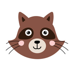 Cute raccoon face in cartoon style. Forest character head for baby and kids design. Funny smiling animal print. Vector illustration