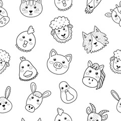 Cute farm animals black and white seamless pattern. Coloring page print in cartoon style with funny characters. Pig, cow, sheep and others. Vector illustration