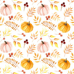 Watercolor seamless pattern with pumpkin,autumn flowers and leaves