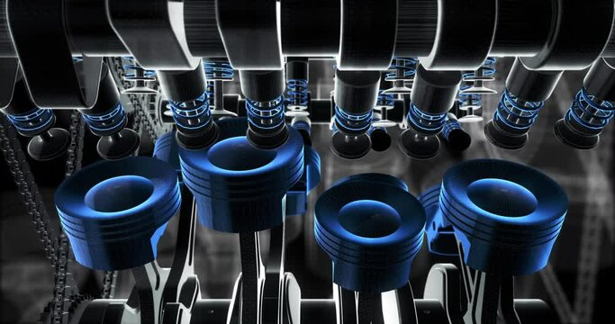 V8 Engine Pistons Moving Up And Down. Crankshaft In Motion. Machines And Industry Related 4K 3D Animation.