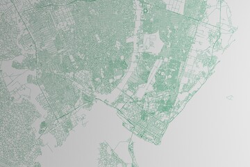 Map of the streets of Maputo (Mozambique) made with green lines on white paper. 3d render, illustration