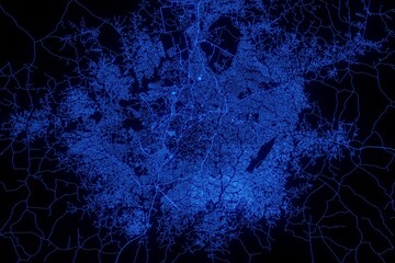 Street map of Ibadan (Nigeria) made with blue illumination and glow effect. Top view on roads network