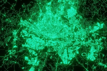 Map of the streets of Johannesburg (South Africa) made with green illumination and glow effect. Top view on roads network. 3d render, illustration