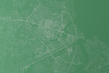 Stylized map of the streets of Dar Es Salaam (Tanzania) made with white lines on green background. Top view. 3d render, illustration