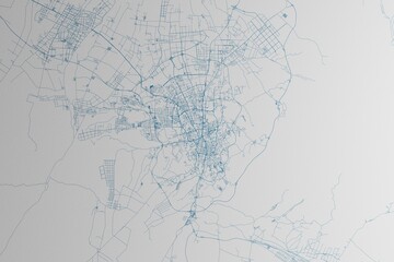 Map of the streets of Urumqi (China) made with blue lines on white paper. 3d render, illustration