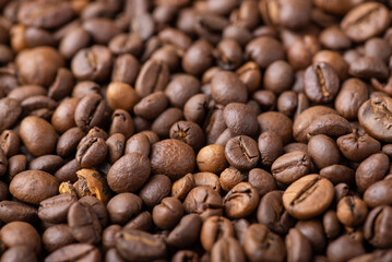 Close up shot of roasted coffee beans. Black aromatic coffee beans, macro photo