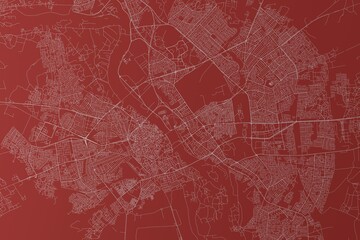 Map of the streets of Mosul (Iraq) made with white lines on red background. Top view. 3d render, illustration