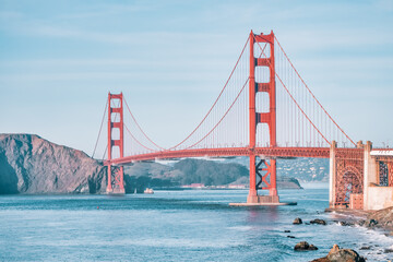 Beautiful view of the Golden Gate Bridge in San Francisco, pastel colors. Concept, travel, world attractions