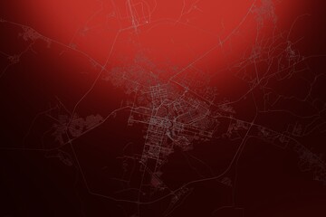 Street map of Nur-Sultan (Kazakhstan) engraved on red metal background. Light is coming from top. 3d render, illustration