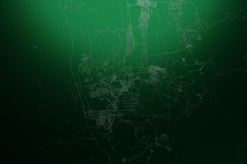 Street map of Naypyidaw (Myanmar) engraved on green metal background. Light is coming from top. 3d render, illustration