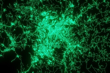 Map of the streets of Guatemala made with green illumination and glow effect. Top view on roads network. 3d render, illustration