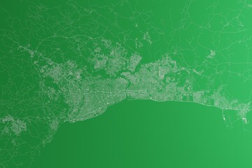 Map of the streets of Santo Domingo (Dominican Republic) made with white lines on green paper. Rough background. 3d render, illustration