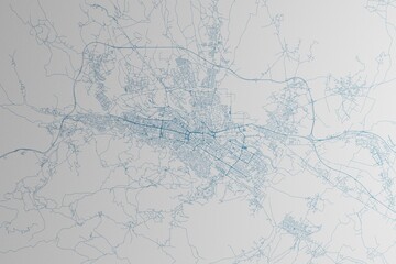 Map of the streets of Skopje (North Macedonia) made with blue lines on white paper. 3d render, illustration