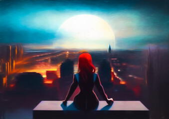 red haired woman in superhero uniform overlooking futuristic city at night with large moon