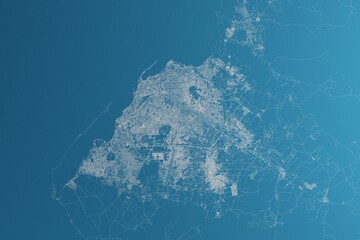 Plakat Map of the streets of Luanda (Angola) made with white lines on blue paper. Rough background. 3d render, illustration