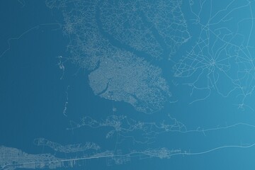 Map of the streets of Porto Novo (Benin) made with white lines on blue paper. Rough background. 3d render, illustration
