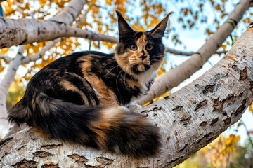 Very bright Maine Coon kitten sitting on a birch...