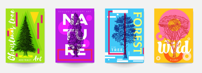 Set background template of card, cover, poster, banner, flyer with hand drawn trees and color geometric shapes. Collection minimalistic modern art composition. Creative vector illustration.