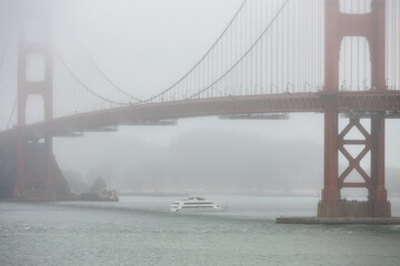 Close up view of the Golden Gate bridge on a foggy day,California
