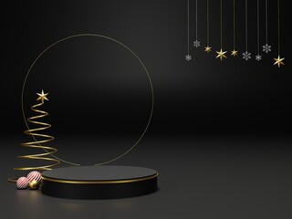 Background 3d render Christmas and new year gold and black colors Background. 3d design Christmas and new year luxury background. Merry Christmas and Happy New Year Background concept. 3D illustration