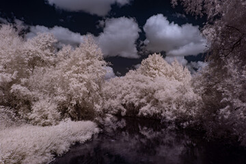 Obraz na płótnie Canvas infrared photography - ir photo of landscape under sky with clouds - the art of our world in the infrared spectrum