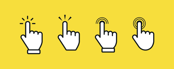 Vector set of hand cursor icons. Clicking cursor, pointing hand clicks icons. Computer mouse click. Hand pointer clicking effect. Vector illustration