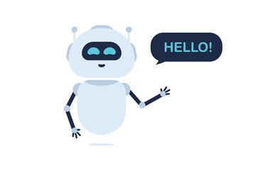 The chat bot vector design illustration. Support service bot. Chatbot greets. Smiling chatbot helping solve a problems. Online consultation, customer service, support, assistant