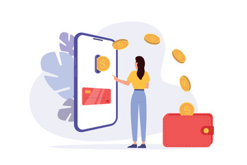 Woman paying online and receiving bonus money. Cash back, loyalty program. Online cashback concept design with mobile smartphone. Saving money. Refund money service app on phone screen. Online banking