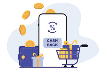 Cash back or money refund with mobile smartphone. Online cashback concept design. Money saving. Money refund, financial savings. Loyalty program, bonus service app on smartphone screen. Online banking
