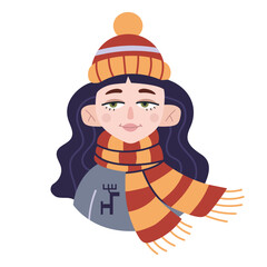 Girl in a warm knitted scarf and hat, cartoon style.  Cold Weather, cozy mood. Trendy modern vector illustration isolated on white background, hand drawn, flat design.