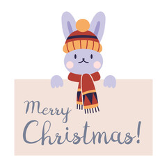 Merry Christmas banner with rabbit in warm knitted scarf and hat, cartoon style. Cozy mood for winter. Trendy modern vector illustration isolated on white background, hand drawn, flat design.