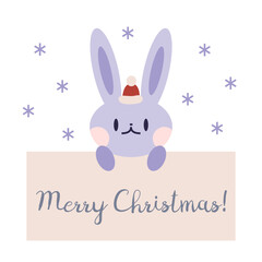 Merry Christmas banner with rabbit in santa hat, cartoon style. Cozy mood for winter. Trendy modern vector illustration isolated on white background, hand drawn, flat design.