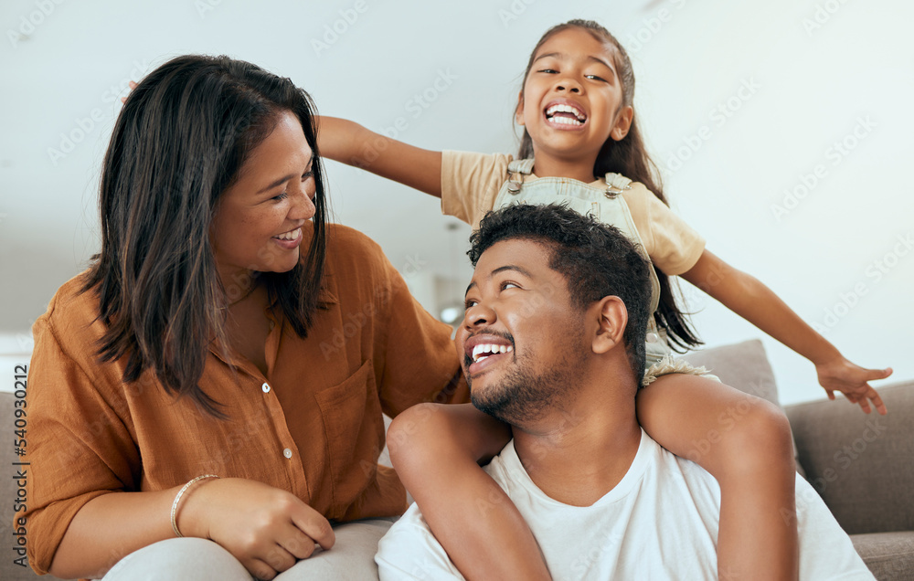 Sticker Happy family, love and relax on a sofa in a living room, laughing and playing in their home together. Love, smile and happy girl having fun with parents, talking and enjoying a game with mom and dad