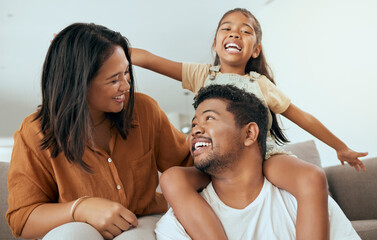 Happy family, love and relax on a sofa in a living room, laughing and playing in their home...