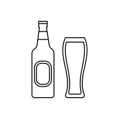 Beer bottle and glass. Linear icons beverages. Outline black alcoholic drinks with wineglasses isolated on white background. Thin line objects in flat design. Vector illustration.