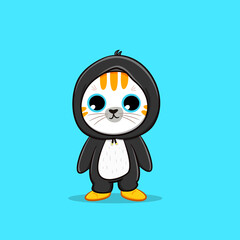 Cute cat wearing penguin costume cartoon vector icon illustration