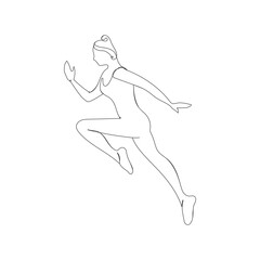 Running woman.Stretching exercises.Gymnast.Sportives.Fitness club.One line style.Continuous line drawing.Hand-drawn contour lines.Sport.Healthy lifestyle.Winner.